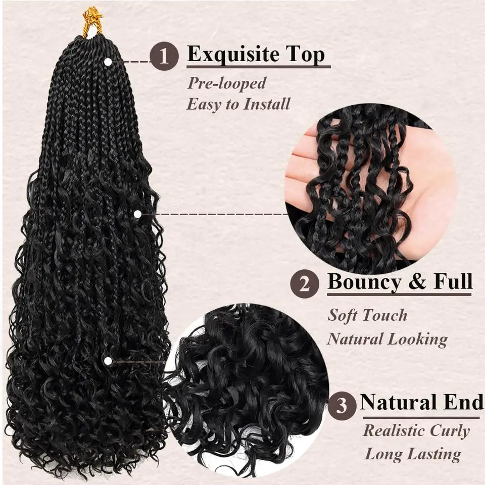 Trenzas de caja sintéticas Goddess con puntas rizadas, pre-enlazadas, estilo bohemio, extensiones para mujer 4