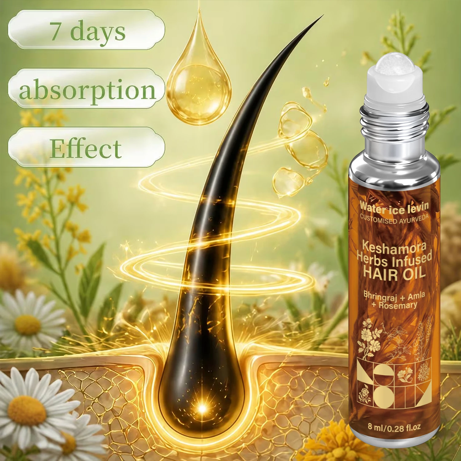 Water Ice Levin Keshamora Herbal Roll-On Hair Oil, Bhringraj Amla Rosemary Formula Hair Treatment Oil,8ml view 2