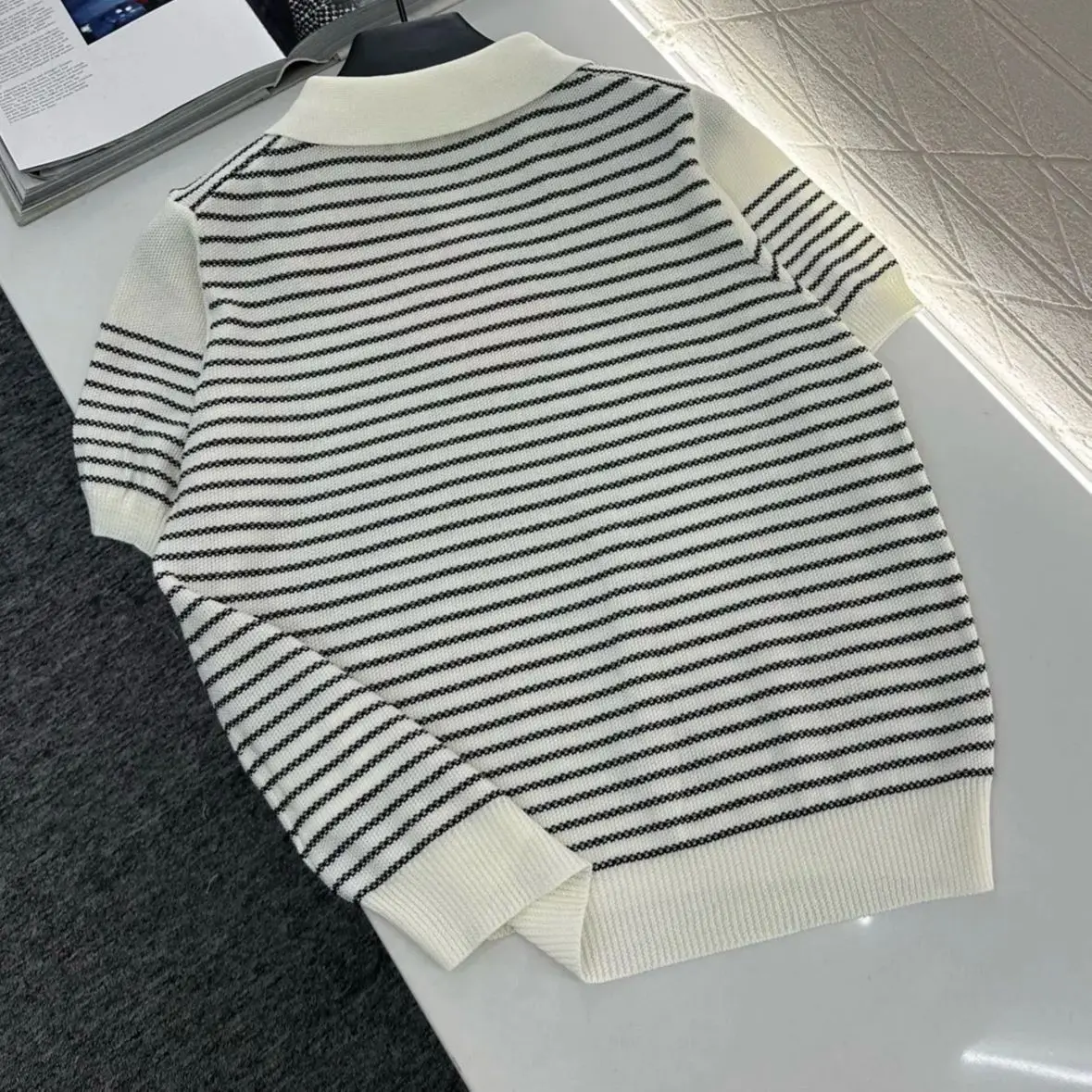 

2025 Lapel Polo Knitted Short Sleeve Wool Yarn Woven Top Silhouette Half Placket Button Design Black and White Stripes Grey Navy