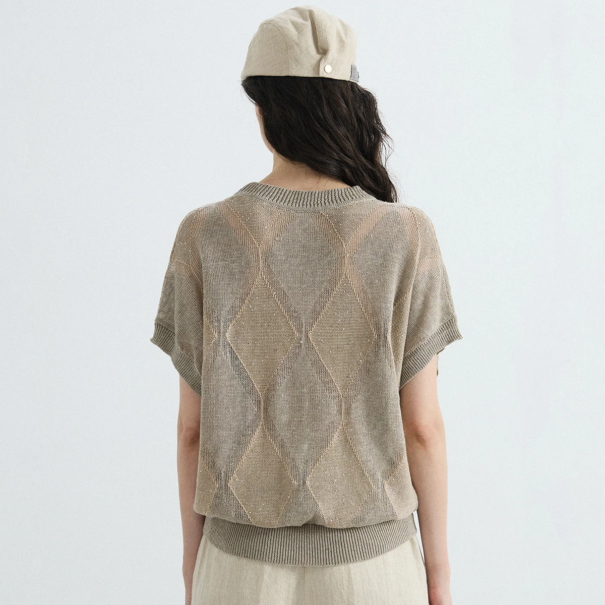 BD3611581 Designer Sequin Linen Knitwear Women's Pullovers Chic Geometric Mesh Loose Dropped Shoulder Sleeve Tops