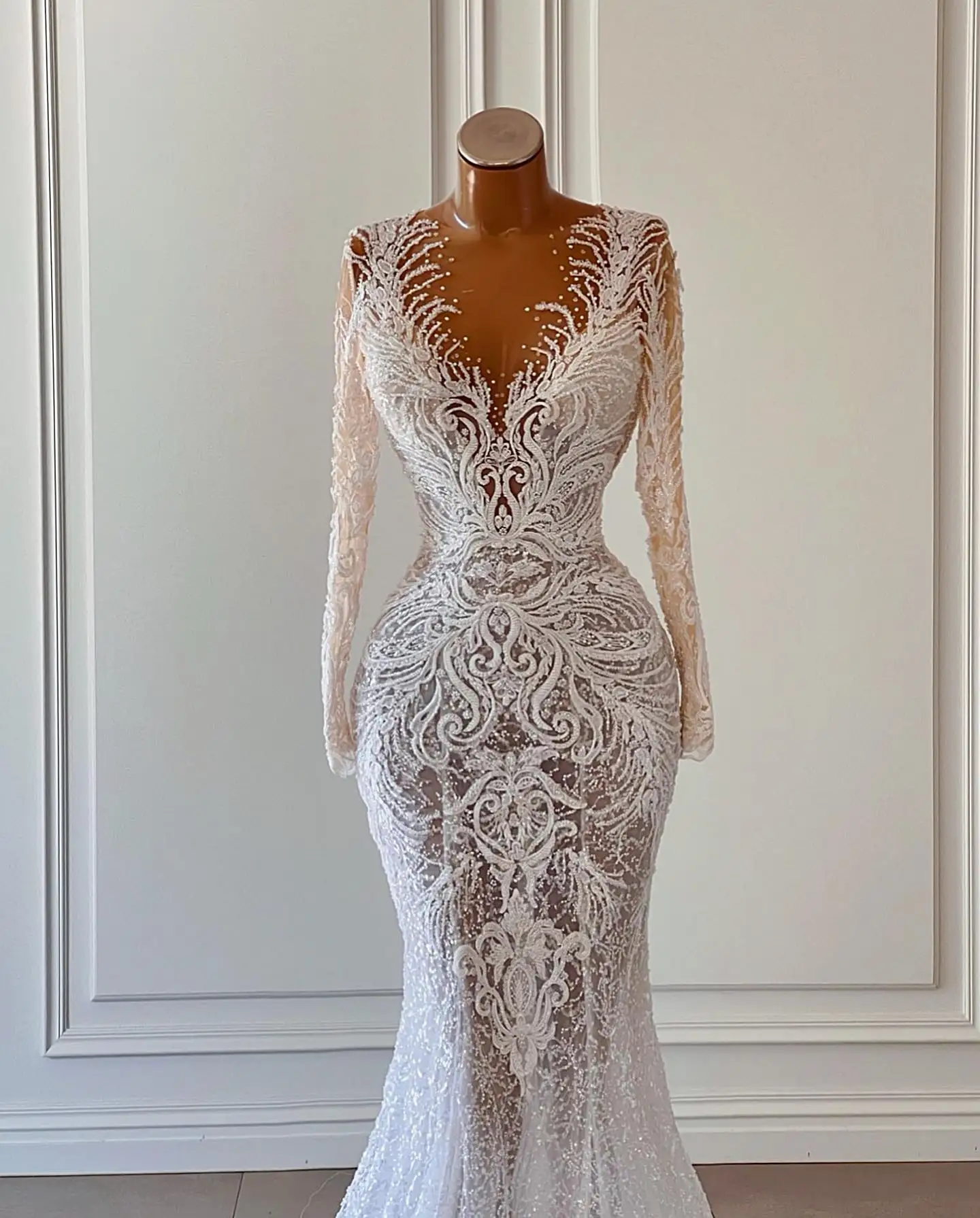 Sexy 2023 abito da sposa sirena pizzo Appliqued perline trasparenti scollo a V abiti da sposa arabo Custom Made vestidos de novia