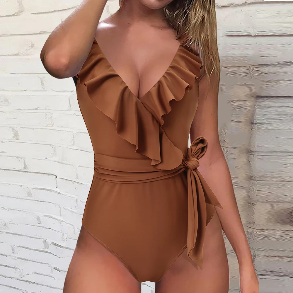 One Piece Swimsuit Women High Waist Beachwear Bathing Suit Solid Bodysuits Leopard Beachwear Women Swimwear Monokini  Mujer