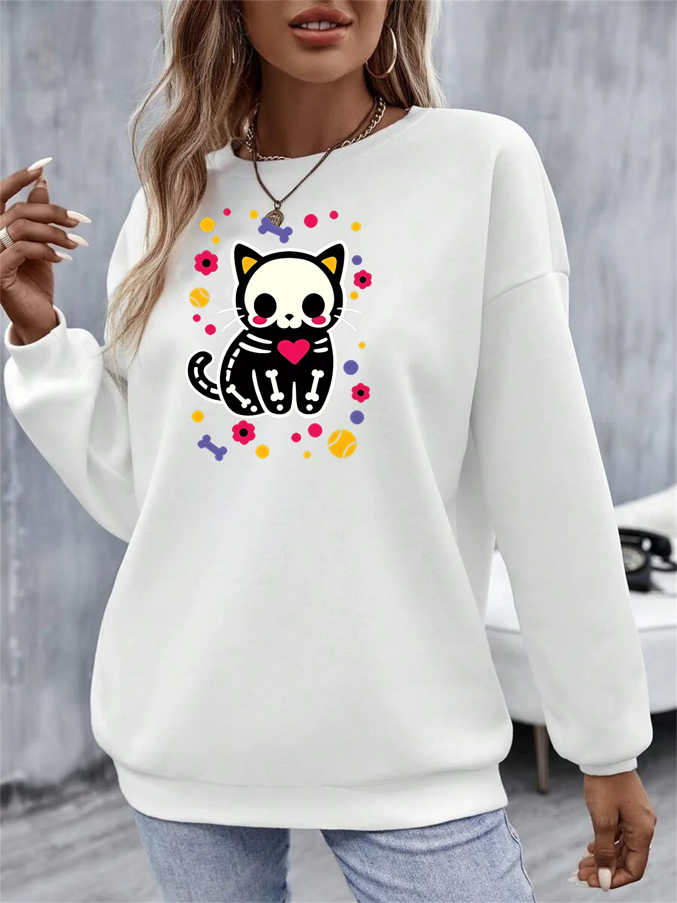 

2024 Autumn Winter Halloween Dog That Lloves To Eat Bones Cat Skeleton Hiphop Fashion Funny Sports Hoodies