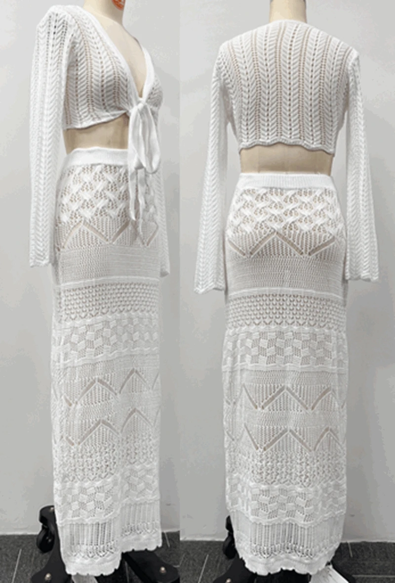 2-teiliges Langarm-Strickkleid für Strand, Damen, Häkel-Bikini-Vertuschung, sexy Schleife, Knoten, bauchfreies Top, hoher Taillenrock, Wickel-Badebekleidung für Damen