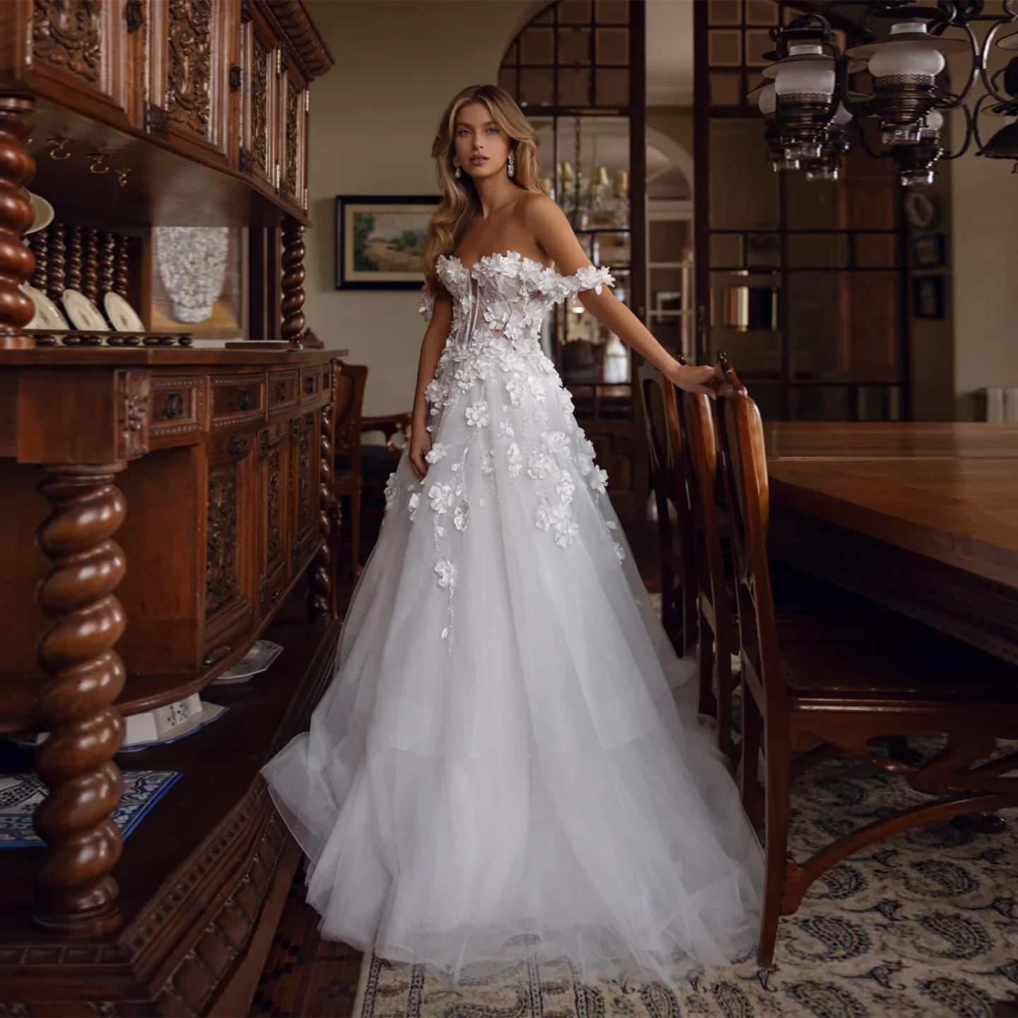 

Sharon Said 2025 Glamorous 3D Flowers Tulle White Wedding Dress Off Shoulder A-Line Sweetheart Bride Gowns SW391 Customized