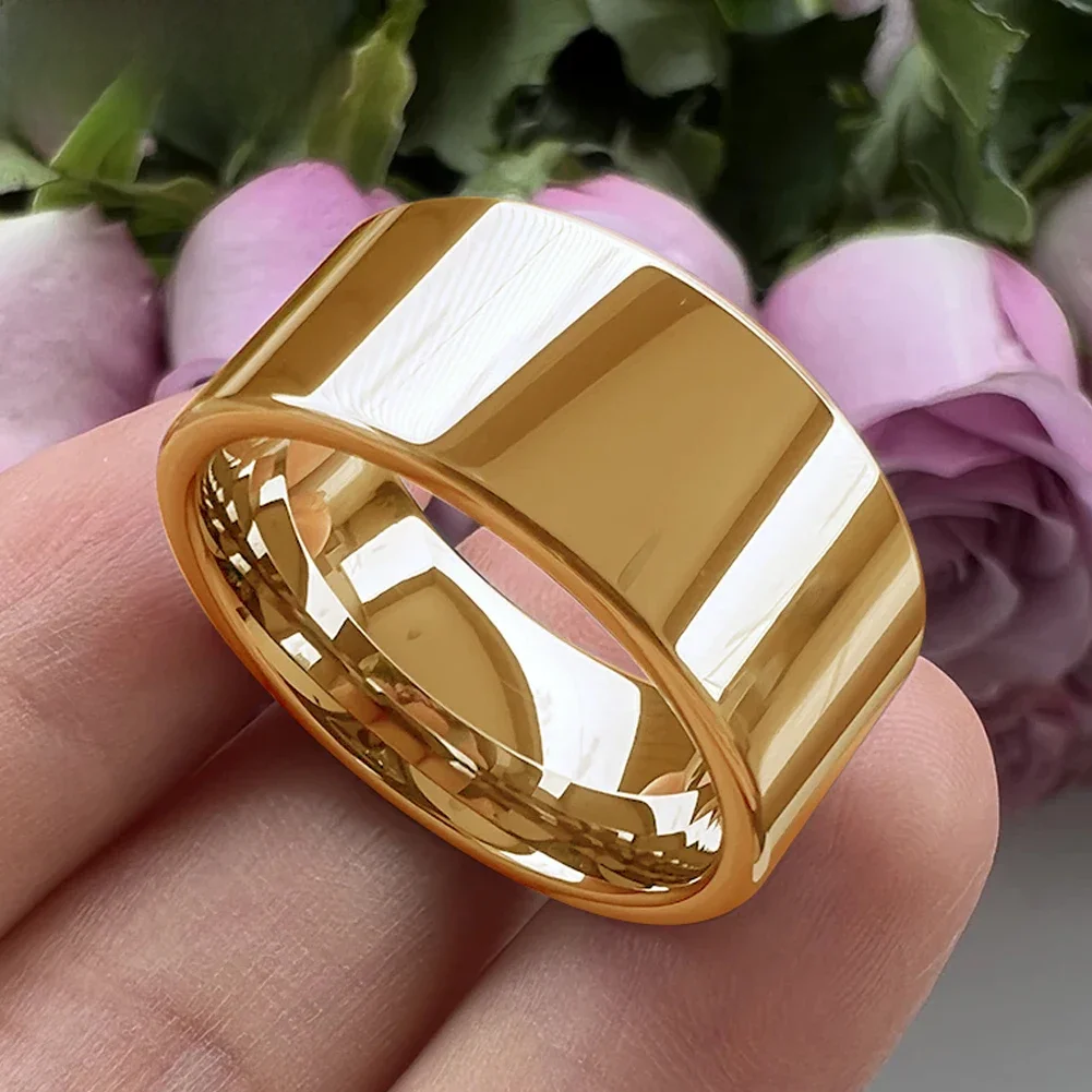 Męski pierścień w kolorze złotym, szerokość 10MM 12MM, błyszczący, duży pierścień męski, lśniący pierścień ślubny z wykończeniem z wolframu, płaski design, wygodny krój. — zdjęcie 2