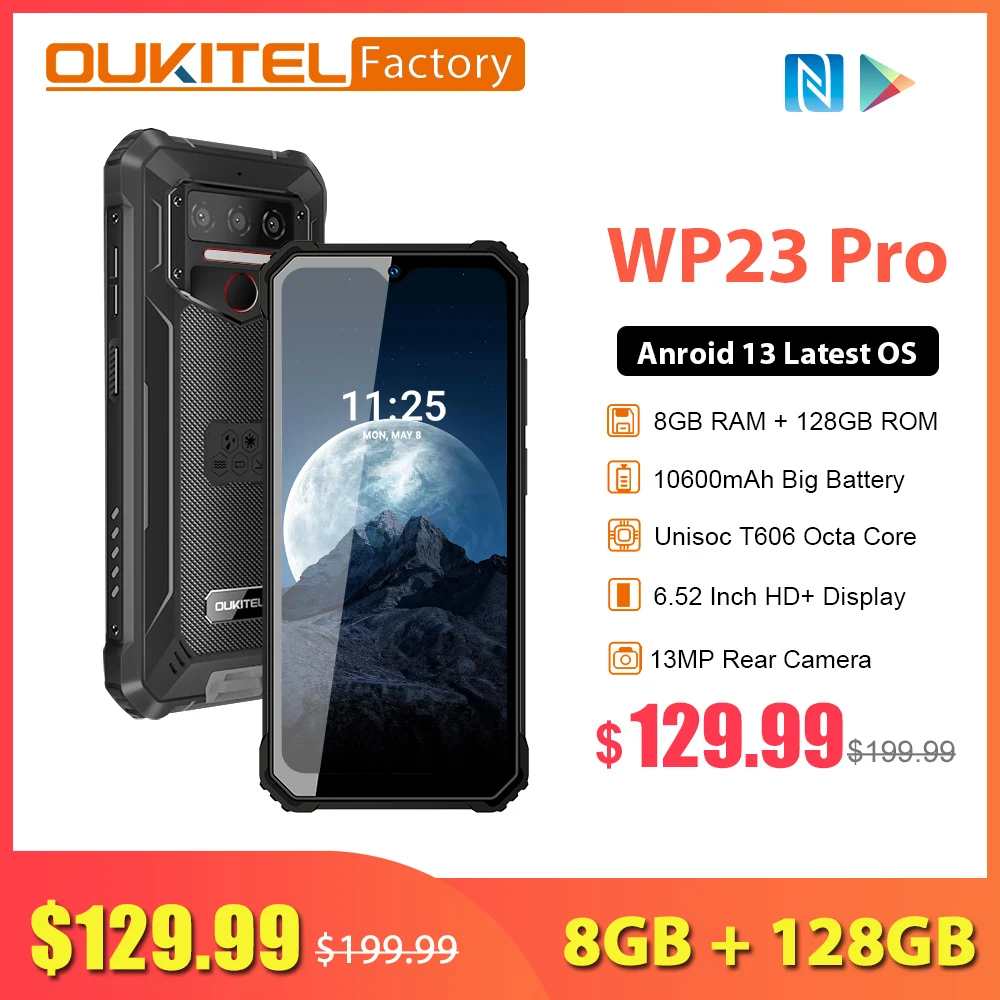 OUKITEL WP23 Pro 8GB 128GB 10600mAh Battery Android 13 OS 13MP Camera 6.52 Inch HD Display 4G LTE NFC IP68 Waterproof