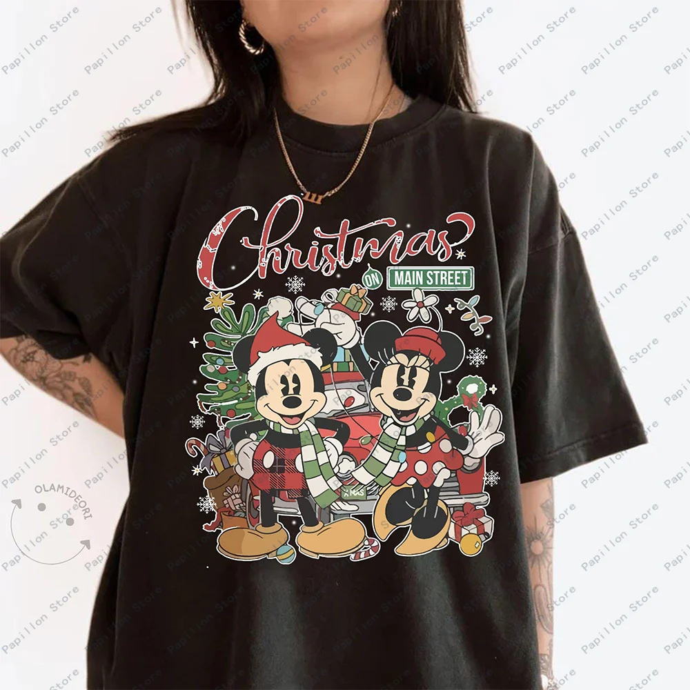 Comfort Colors Vintage Mickey Minnie Disney Girls Tops Main Street Cotton Shirt Disney Christmas Tee Tree Merry Party Gift Hot