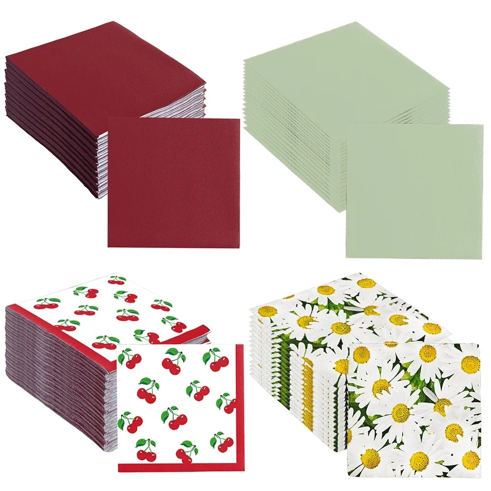 20/40/60szt Jednorazowe serwetki papierowe Serwetki koktajlowe Czerwone i zielone Serwetki Daisy Cherry Urodziny Weselne Materiały imprezowe — zdjęcie 2