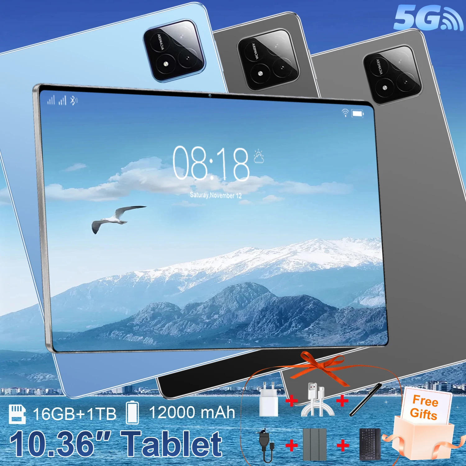 Tablette Numérique 10,36 Pouces Système Android 13 Chip 10 Cœurs Espace De Stockage 16Go+1To Batterie Endurante 12000mAh Connexion 5G Double SIM WiFi Double Caméra 16MP+32MP Adaptée Aux Jeux Et Loisirs Domestiques