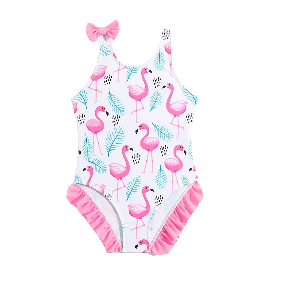 Traje de baño de una pieza con cuello Halter y estampado de flamenco para niñas, novedad de verano, diseño, venta al por mayor, ropa de playa colorida a la moda para niños