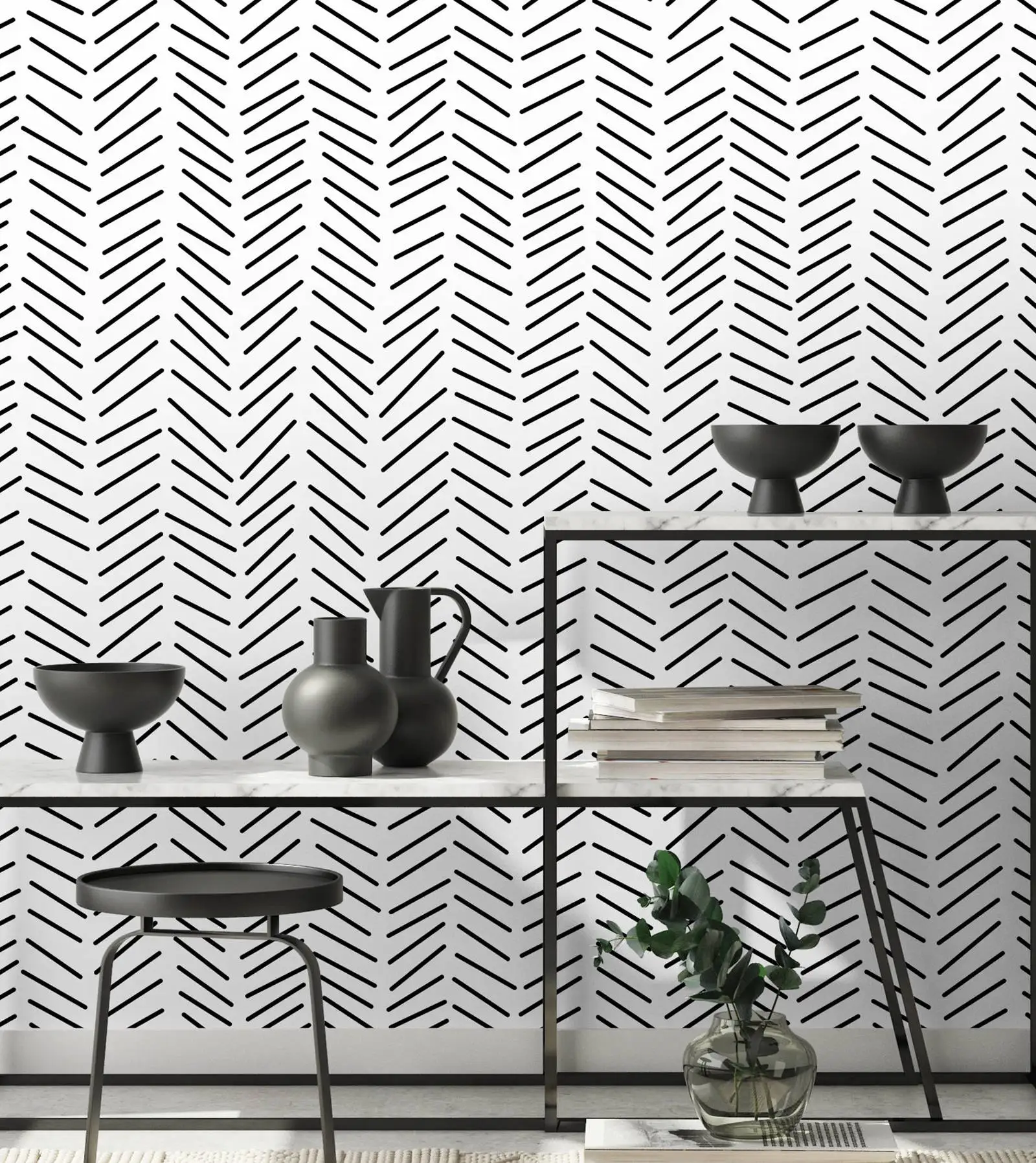 Chevron Black and White Line Wallpaper, Scandinavian Stylish Geometric Lines Wall Paper, Minimalist Herringbone Stripe Walpaper