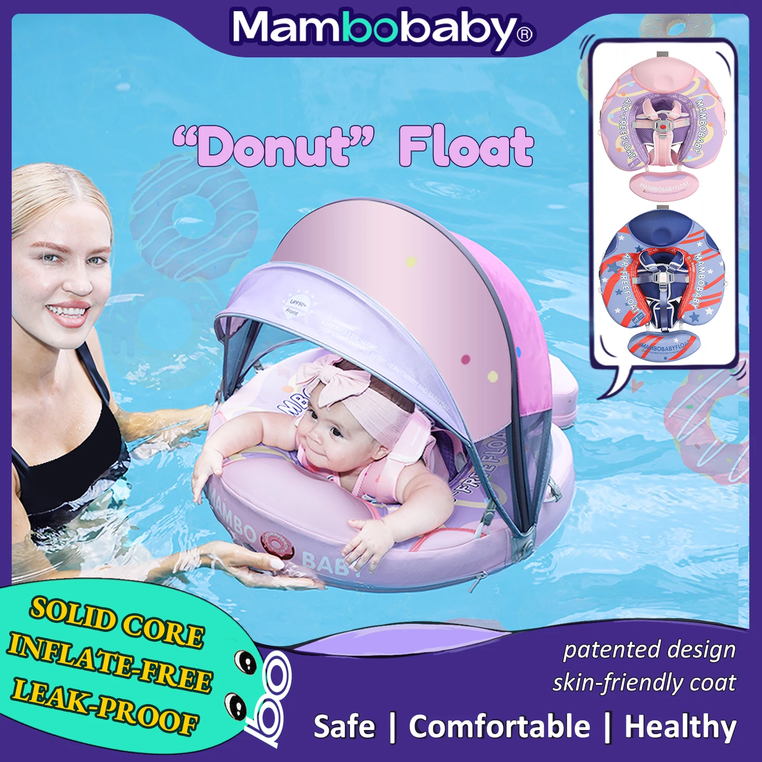 Mambobaby Baby donut Float Non-Inflatable Baby Pool Float with Canopy Upgraded Baby Swimming Floats Infant Water Floatie Ring