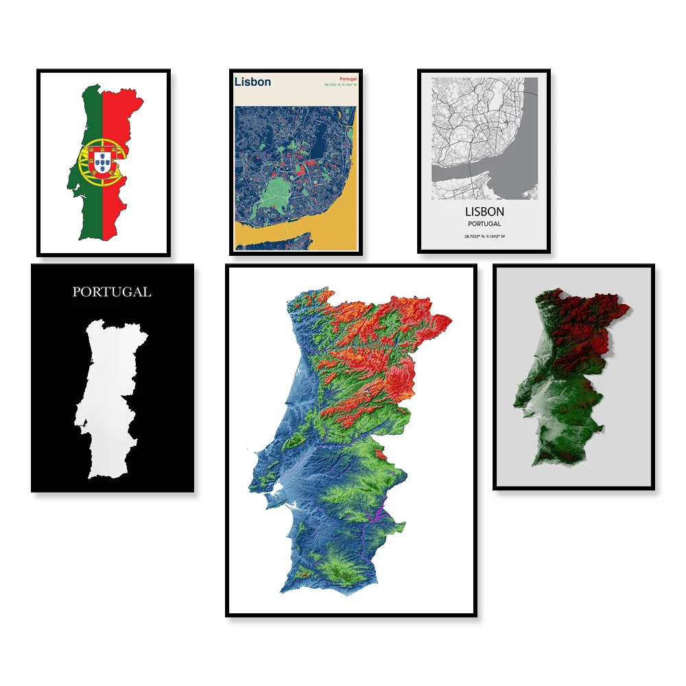 Portugal map poster, Portugal elevation map, Lisbon Portugal cities street map, Porto map, Iberian Peninsula elevation map