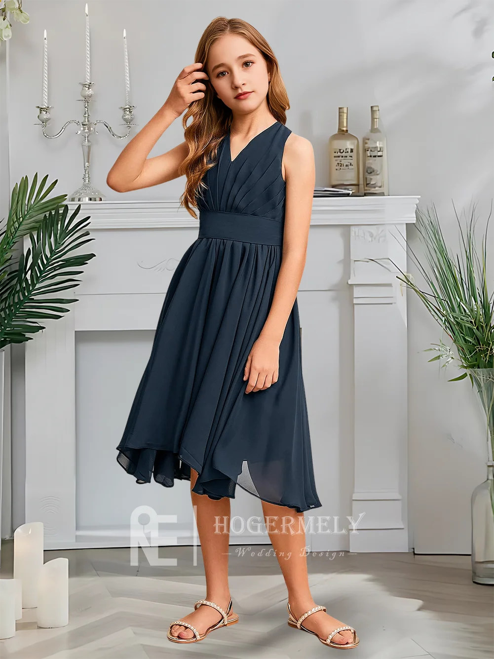 Vネック ジュニア ブライズメイドドレス フラワーガールドレス シフォン フリル付き キッズ ガールズ ウェディングパーティー ガーデン フォーマルドレス