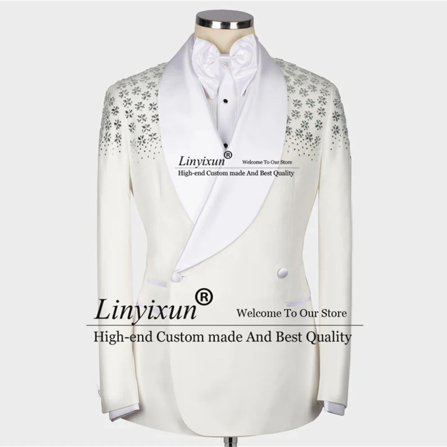 Special Tuxedos With Stone Embroidery Men Suits Double Breasted Groom Wedding 2 Pieces Sets Dinner Prom Blazers Costume Homme