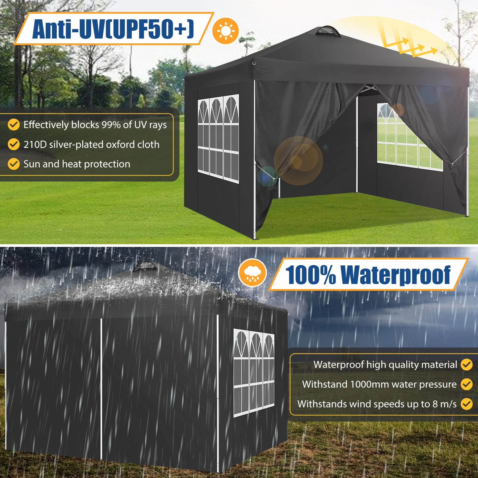 10x10ft Pop Up Canopy Tent with 4 Sidewalls, UPF 50+ Waterproof Outdoor Sun Shade with Air Vent, Instant Portable Camping Gazebo