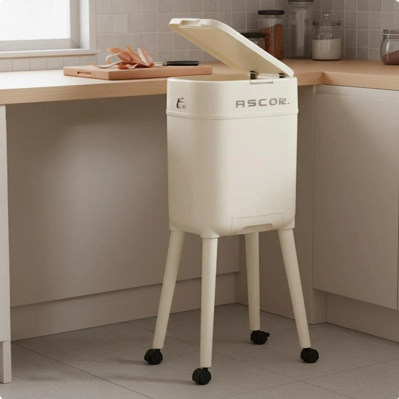 Rolling Waste Bin with Lid Instant-Release Open Tall Trash Can with Legs Large Capacity Elevated Garbage Can on Wheels Restroom