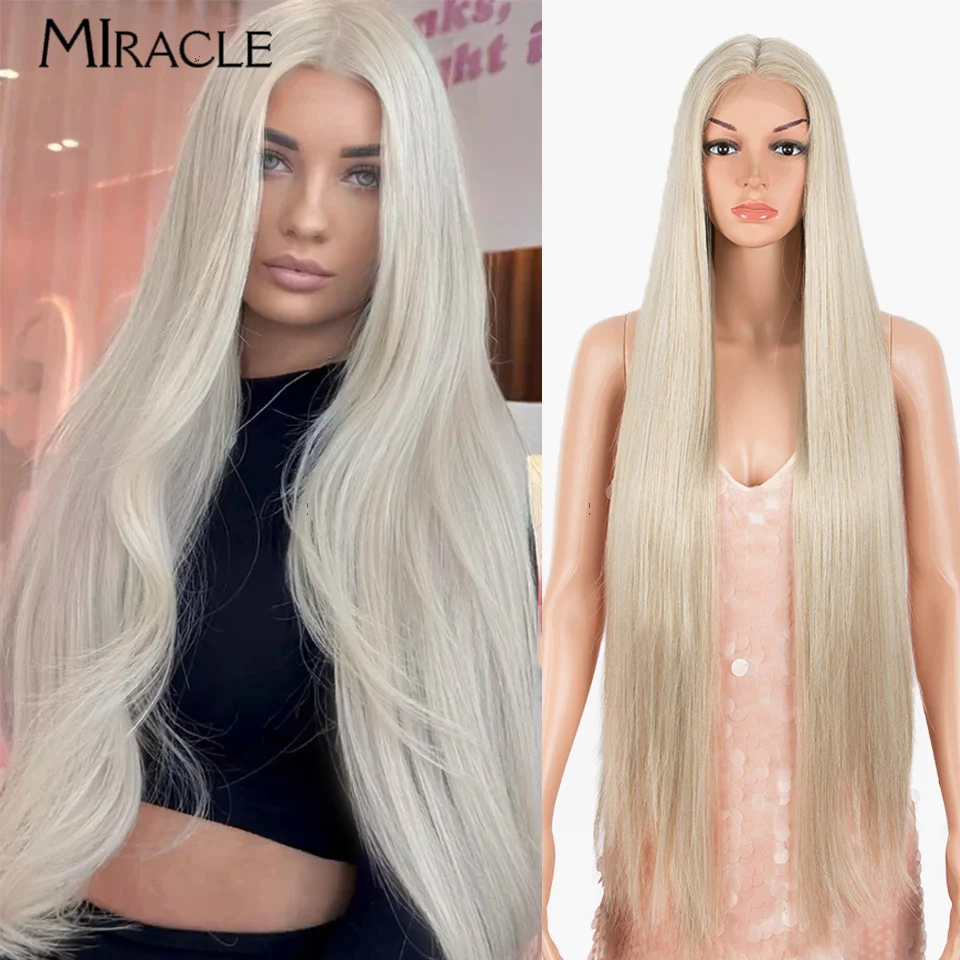 

MIRACLE Synthetic Straight Lace Wig for Women Blonde Cosplay Wig Soft Long 38Inch Fiber Hair Lace Front WIg Heat Resistant