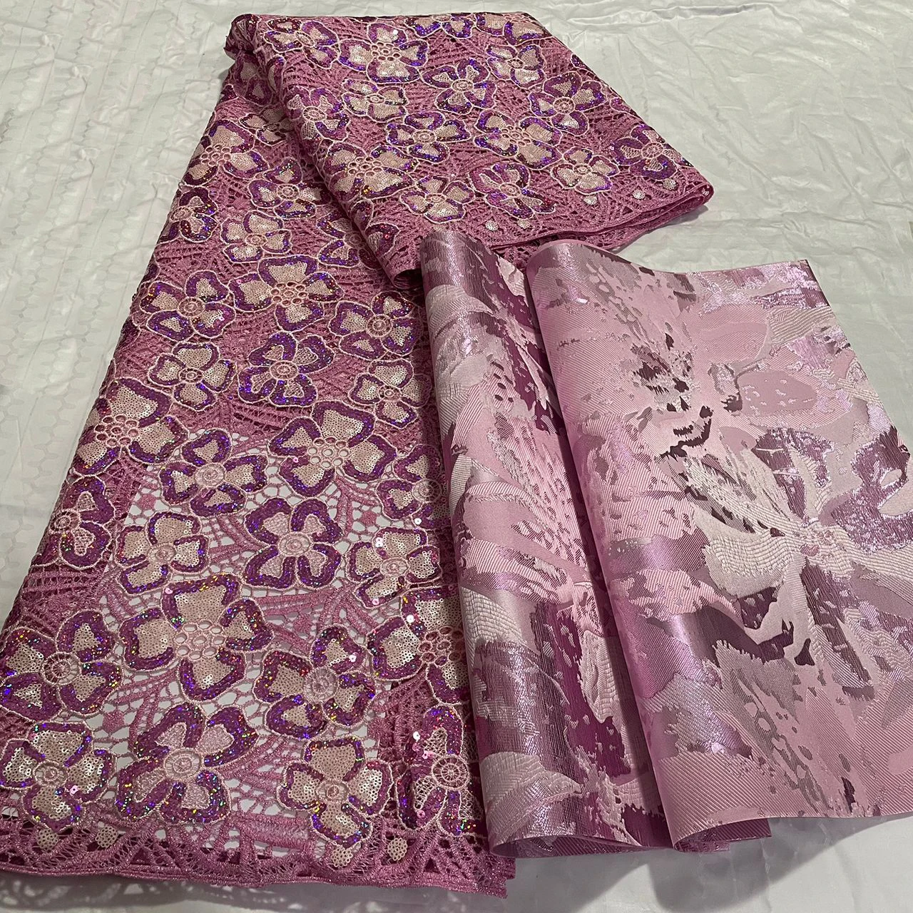 Luxury Pink Lace Fabric with Sequins 5 Yards Embroidery Guipure French Lace Material with 3D Sego Headtie Wrap 2PCS for 2025