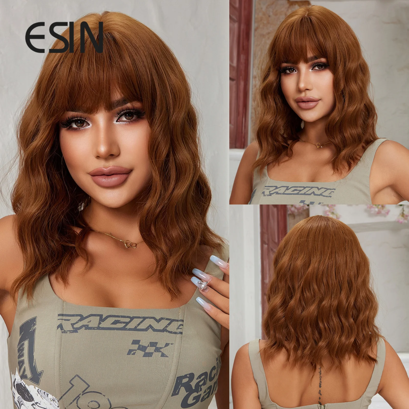 

ESIN Short Bob Wavy Curly Wigs With Bangs Brown Synthetic Wig For Women Natural Hair Wigs Heat Resistant Hair Replacement Wigs