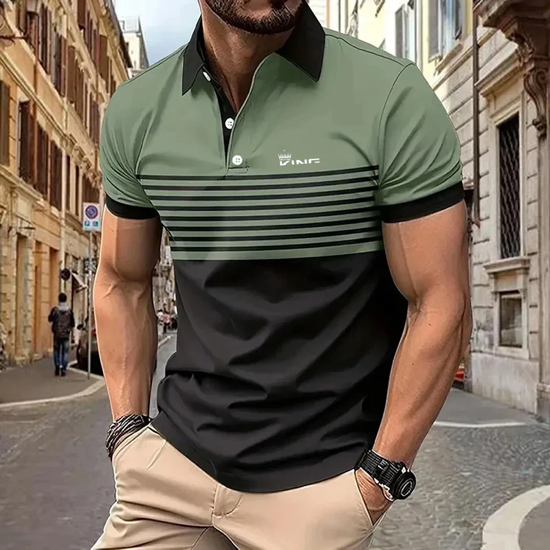 Summer Men's Stripe Print Polo Shirt Short Sleeve Turn-Down Collar Button Tshirts &for Men Casual Streetwear New Male Tops image 2