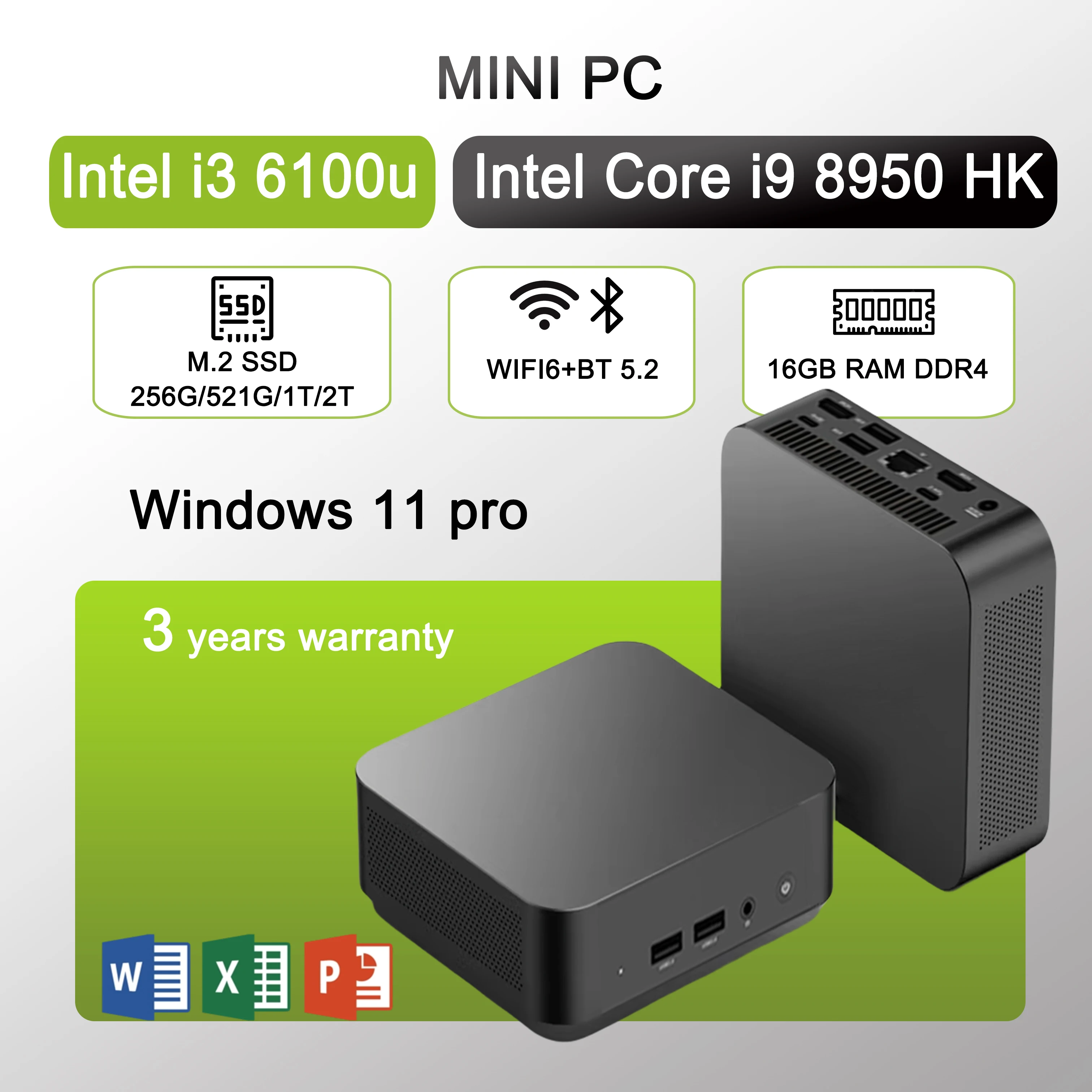 Miniordenador Intel Core i3 6100/Intel i9 8950hk 16GB DDR4 1/2TB SSD 4K HD Mini PC Gaming de Escritorio Compatible con Windows 11