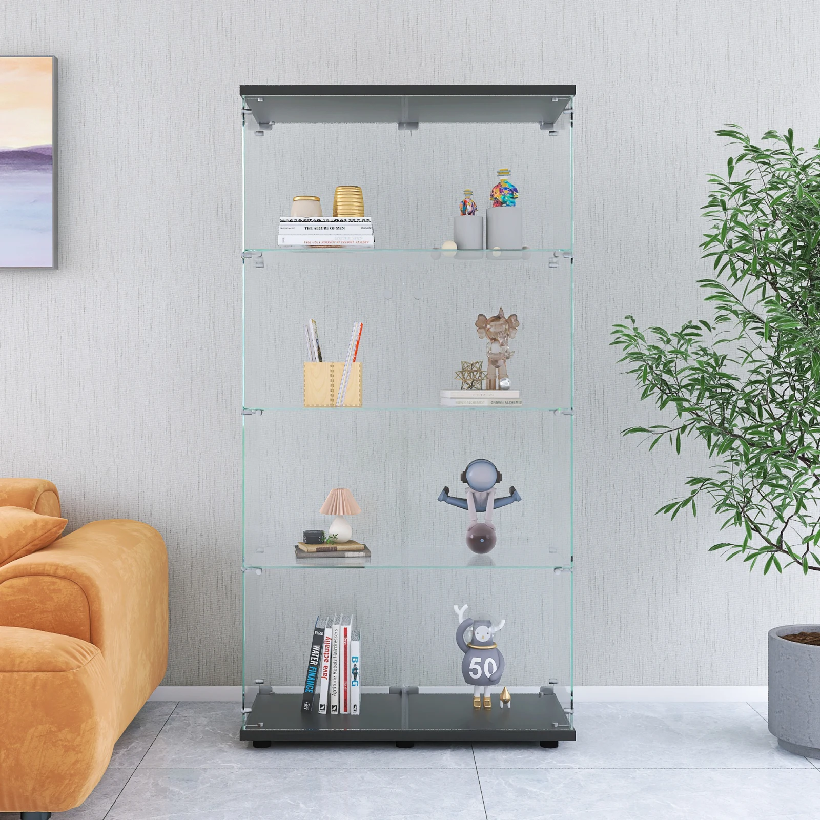 MINGZHE glazen vitrinekast, moderne 4-laags glazen vitrinekast met 2 deuren, verzamelbaar, met planken