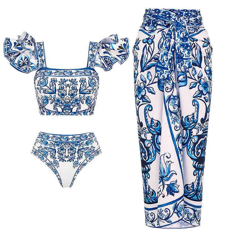 2024 New Ruffle Blue and White Porcelain Pattern Majolica Print Bikini Swimsuit and Sarong Swimwear Women Beachwear Bathing Suit