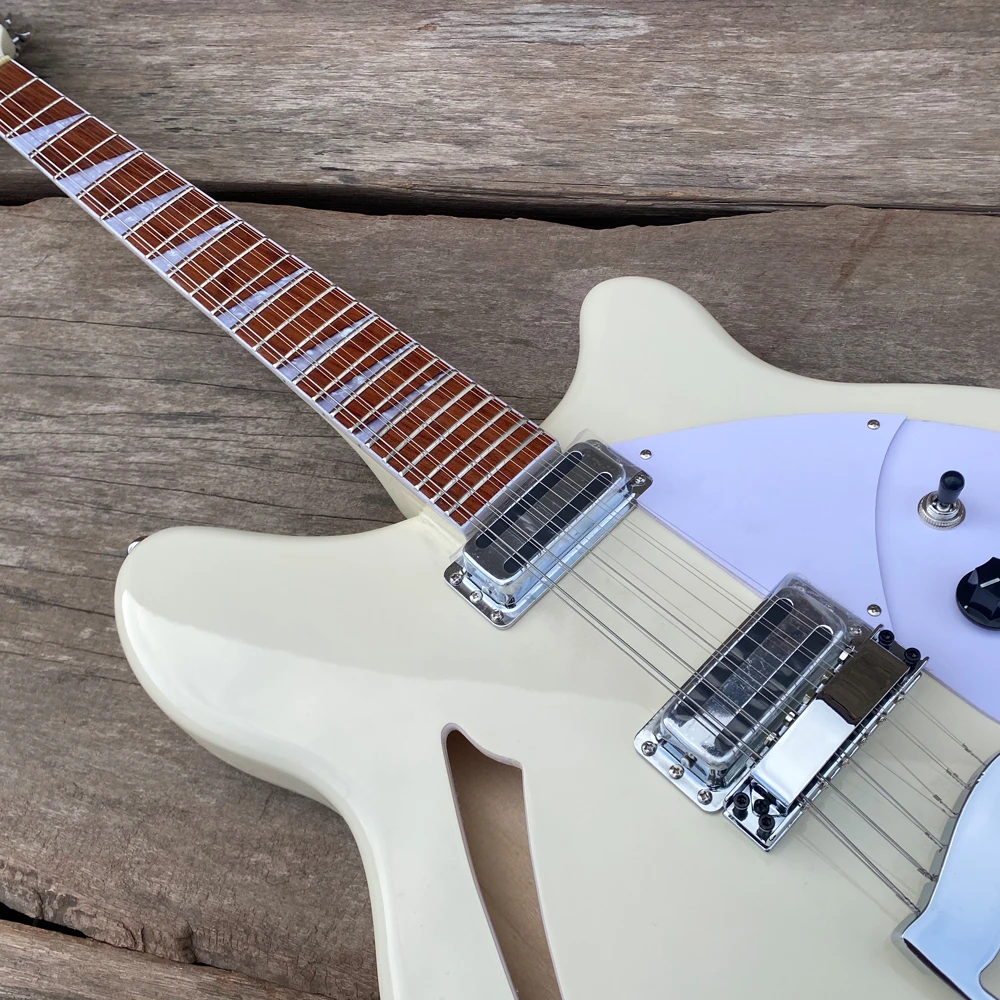 In Stock 12 String Semi Hollow Body Cream White Electric Guitar, Trapeze Tailpiece, Rosewood Fretboard, High Quality Guitarra