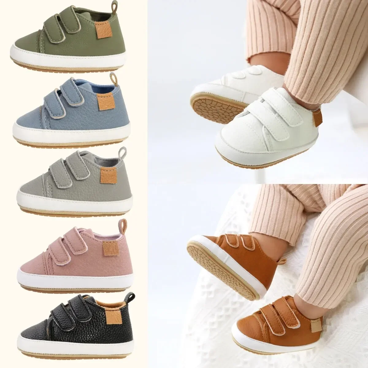 Sapatos de sola macia casual antiderrapante de couro PU para bebê, sapatos de caminhada para