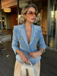 New Fashion 2024 Designer Blazer Slim Jacket Women's Metal Lion Buttons Double Breasted Denim Blazer Outer Coat Female