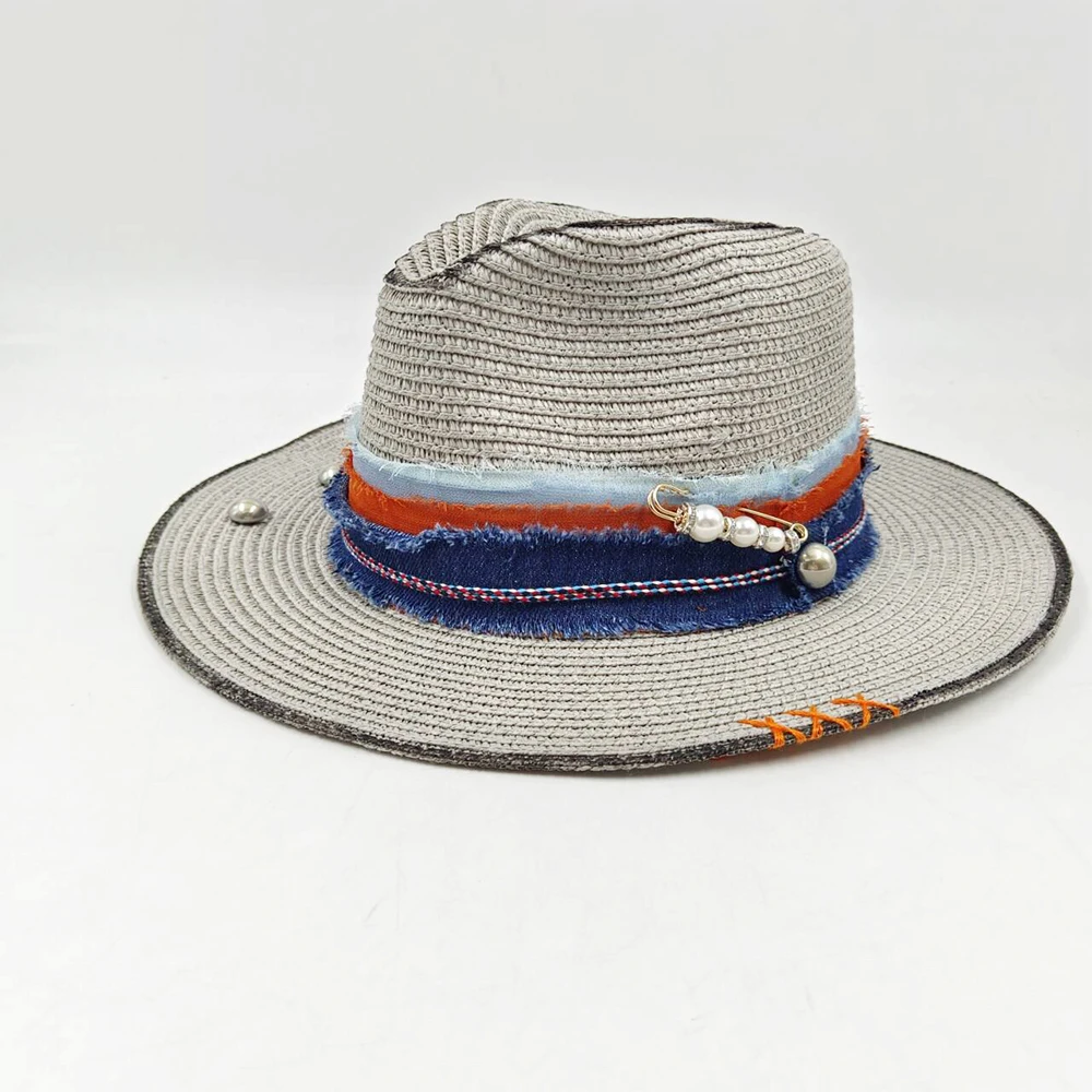 Summer straw hat sun hat jazz top feather dried flower accessories DIY hand-sewn straw hat men and women sun hat wholesale