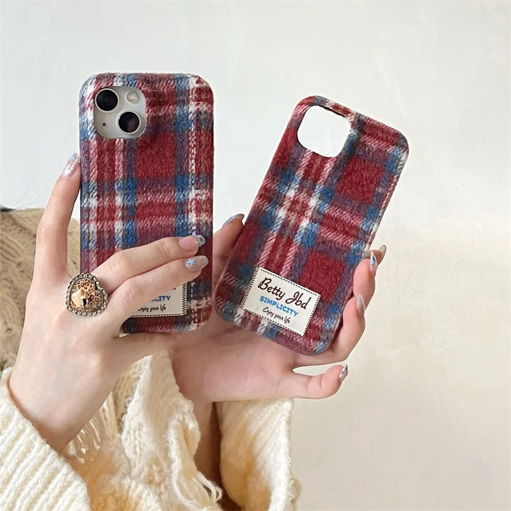 

Korean INS fashion plush checked phone case for iPhone 13 14 16 17 Pro Max 15 Pro Fundas cute furry warm protective cover For 17
