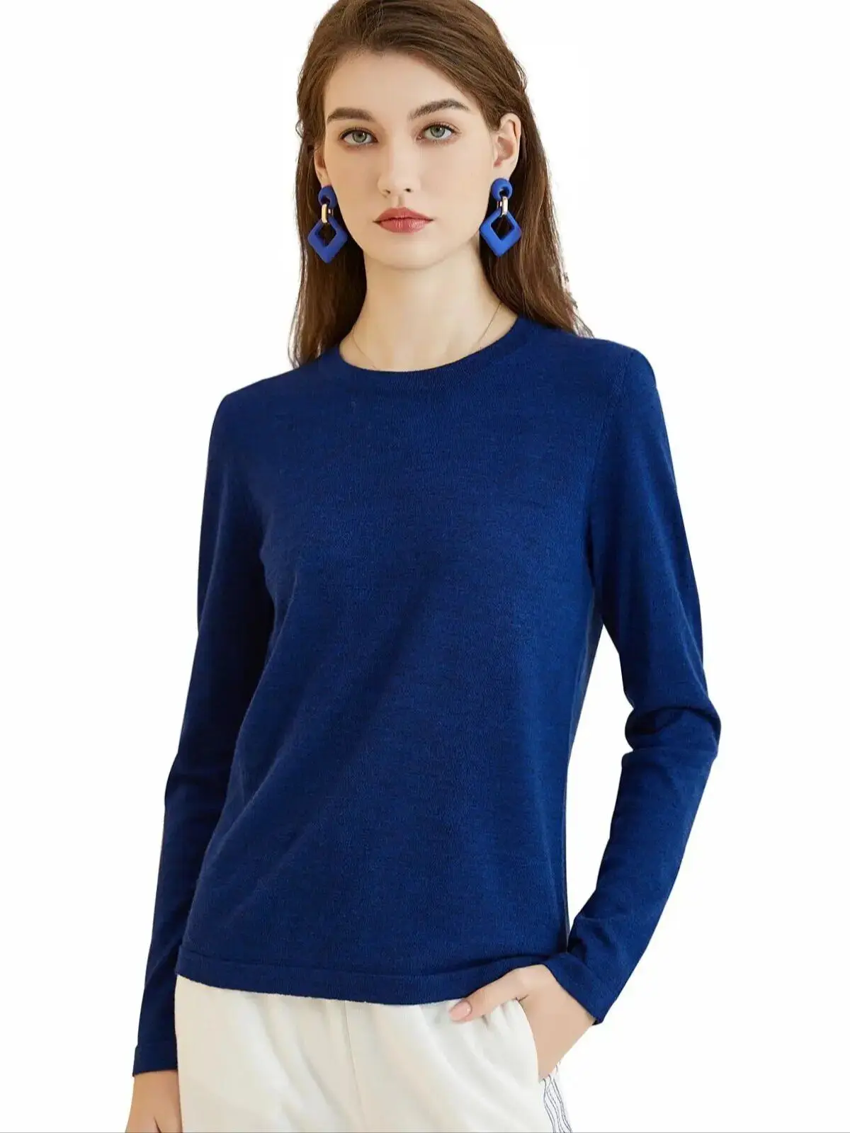 Dames T-shirt 100% Merinowol Basislaag Top Herfst Winter Mode Ronde hals Zacht Merino T-shirt Lange mouwen Tops Gebreide dameskleding - afbeelding 2