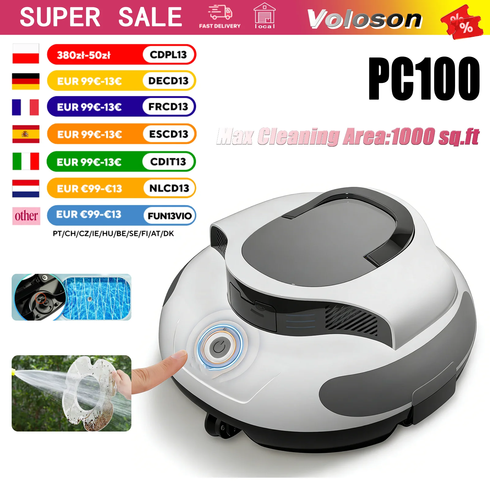 PC100 Cordless Robotic Pool Cleaner, IPX8 Waterproof, 5000mAh Battery 100+ Mins Working, One-Click Automatic Operation