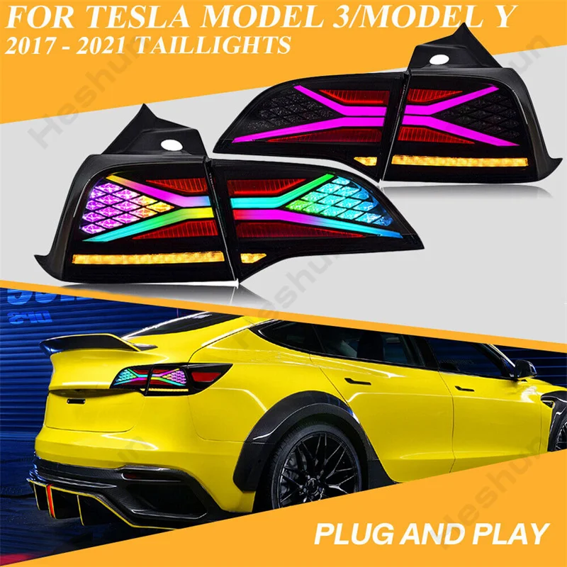 테슬라 모델 3 모델 Y 2017-2023 X-Men 테일램프 RGB LED 테일 라이트 자동차 액세서리, 시작업 DRL 후미등 신호등