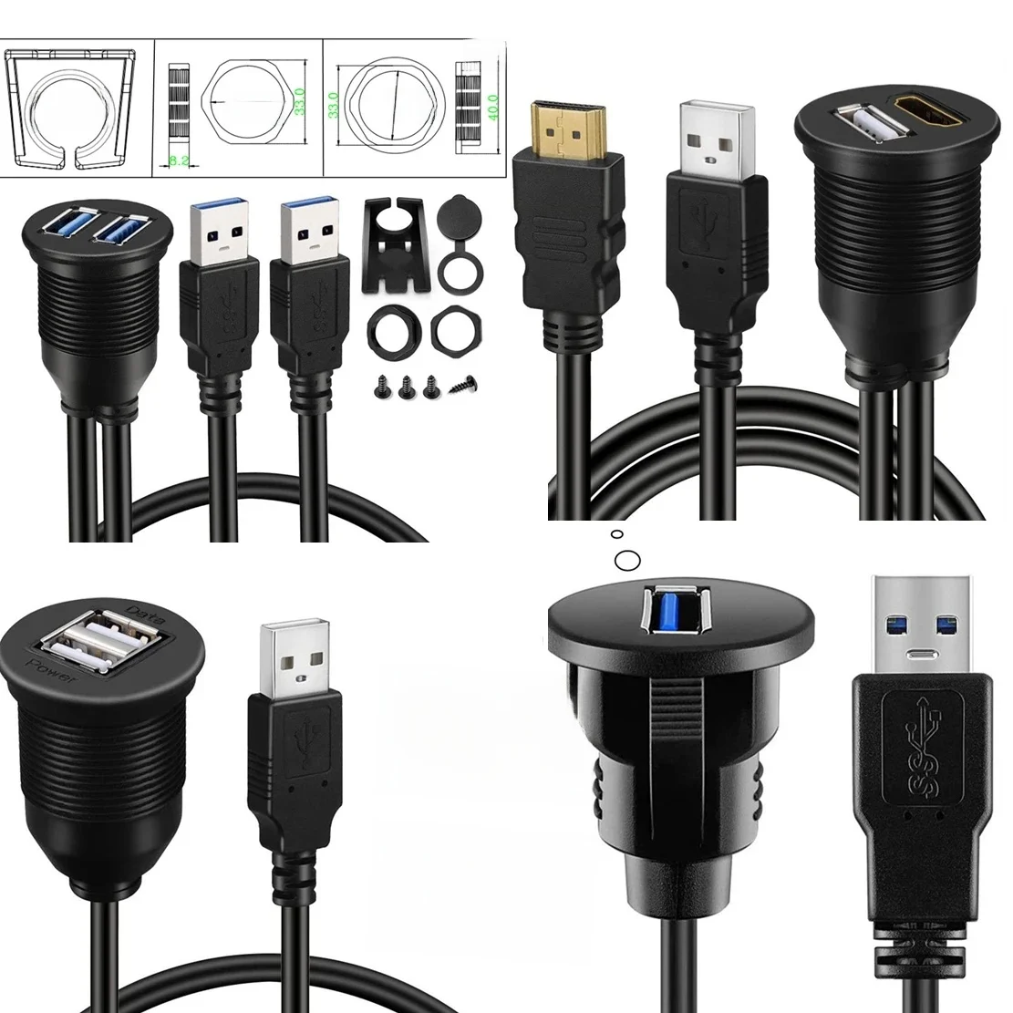Adaptateur S6 Étanche pour Touristes, Panneau de Carte Prada, Port USB 3.0 2.0, Mâle à Femelle, Extension de Soleil pour Voiture et Moto, 2m