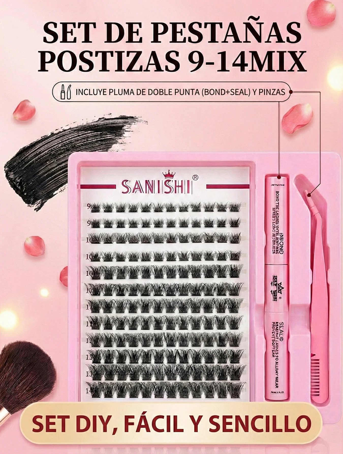 Kit pestañas DIY en racimos 9-14 mm MIX con pluma doble BOND+SEAL y pinzas, set de pestañas postizas clúster de fibra sintética con rizos C a DD, ideal para extensión personalizada y maquillaje de ojos en casa.