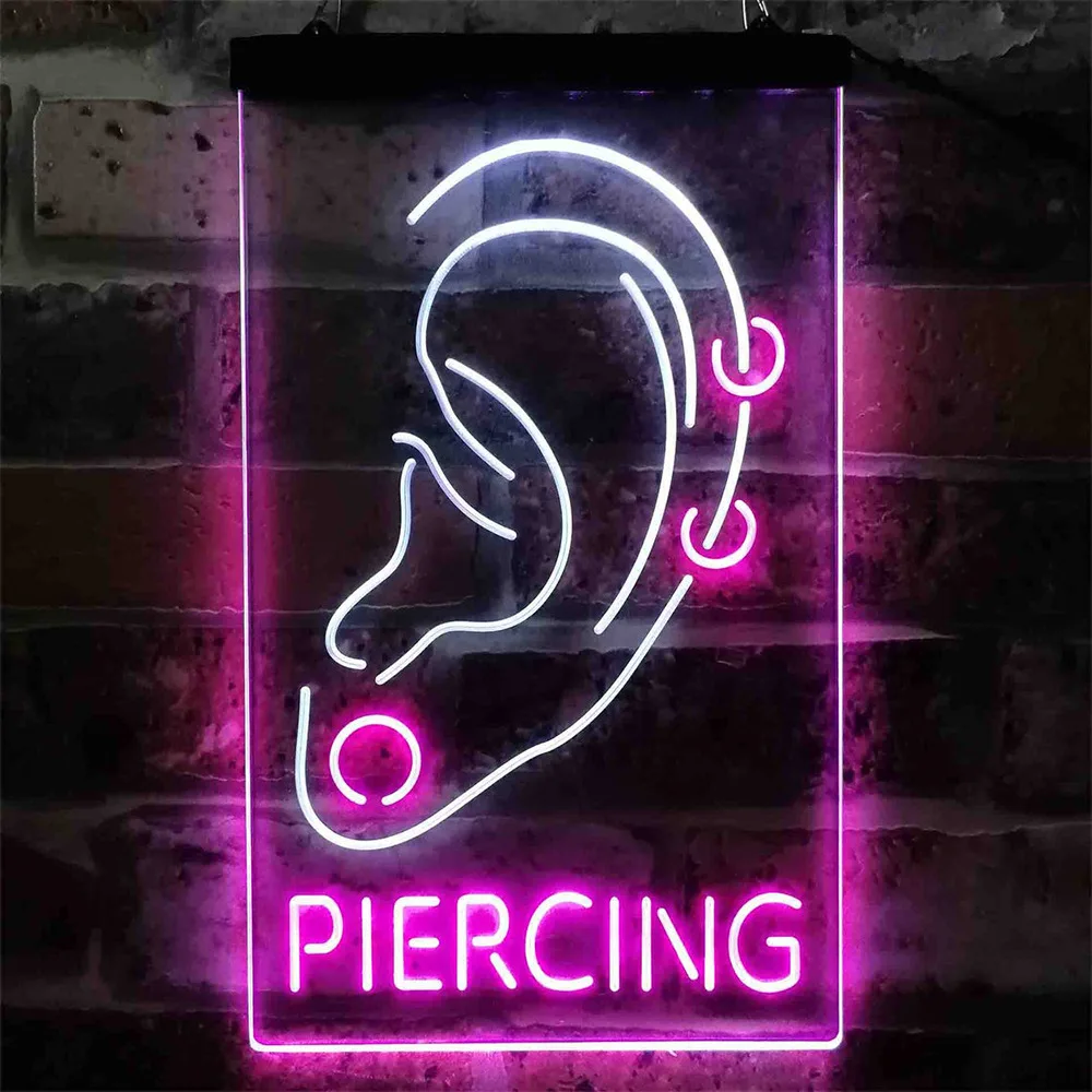 Personalizado Neon Sign Ear Piercing Display, Dual Color, Luz LED, Loja de tatuagem, Salão de beleza, Bar Decor