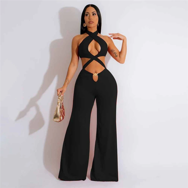 

Solid Hollow Out Lace Up Halter Backless Jumpsuits Women Wide Leg Pants Fashion Sexy Romper Summer Overalls