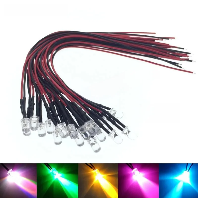 5mm LED 12V 20cm wstępnie okablowana biała czerwona zielona niebieska żółta dioda UV RGB dekoracja lampy diody elektroluminescencyjne wstępnie lutowane 10 sztuk — zdjęcie 2