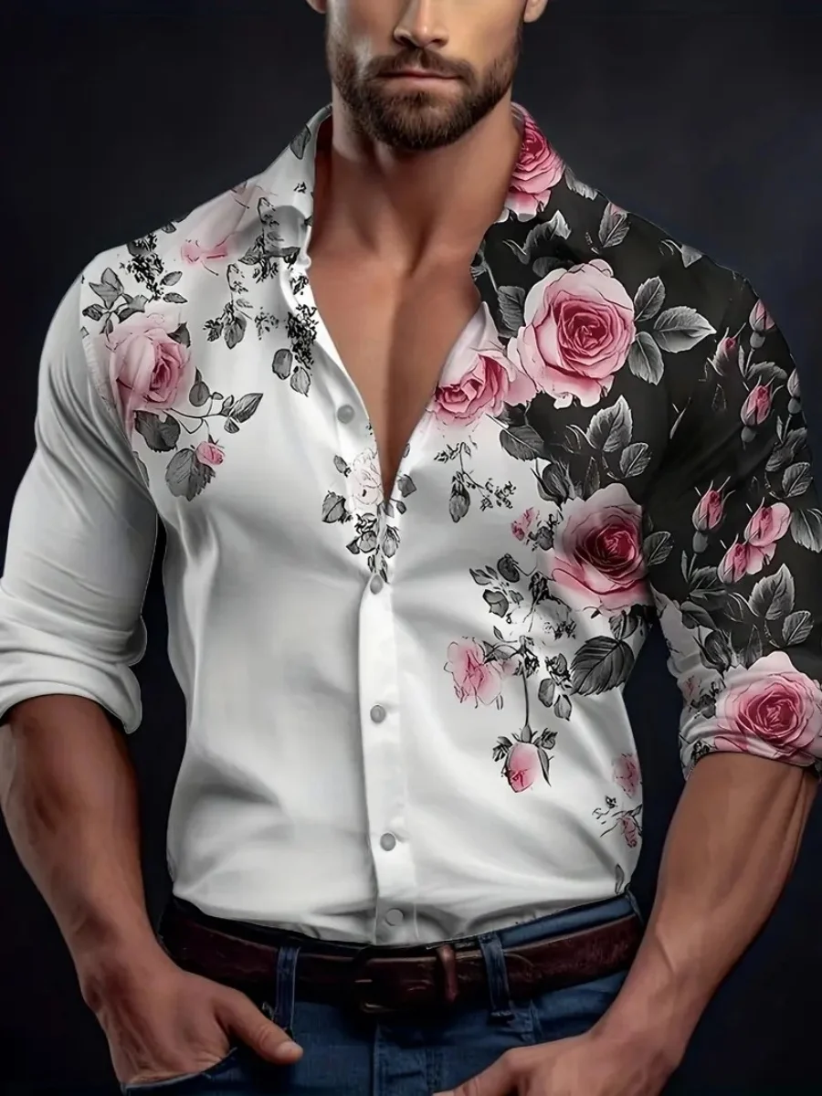 

New men's collarless casual shirt with floral pattern, long-sleeved design, suitable for daily wear, comfortable fabric