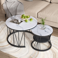 Comanlai Round Simulation Marble Coffee Table Set of 2,Modern Side Table with Metal Frame,for Living Room, Bedroom,Balcony,Black
