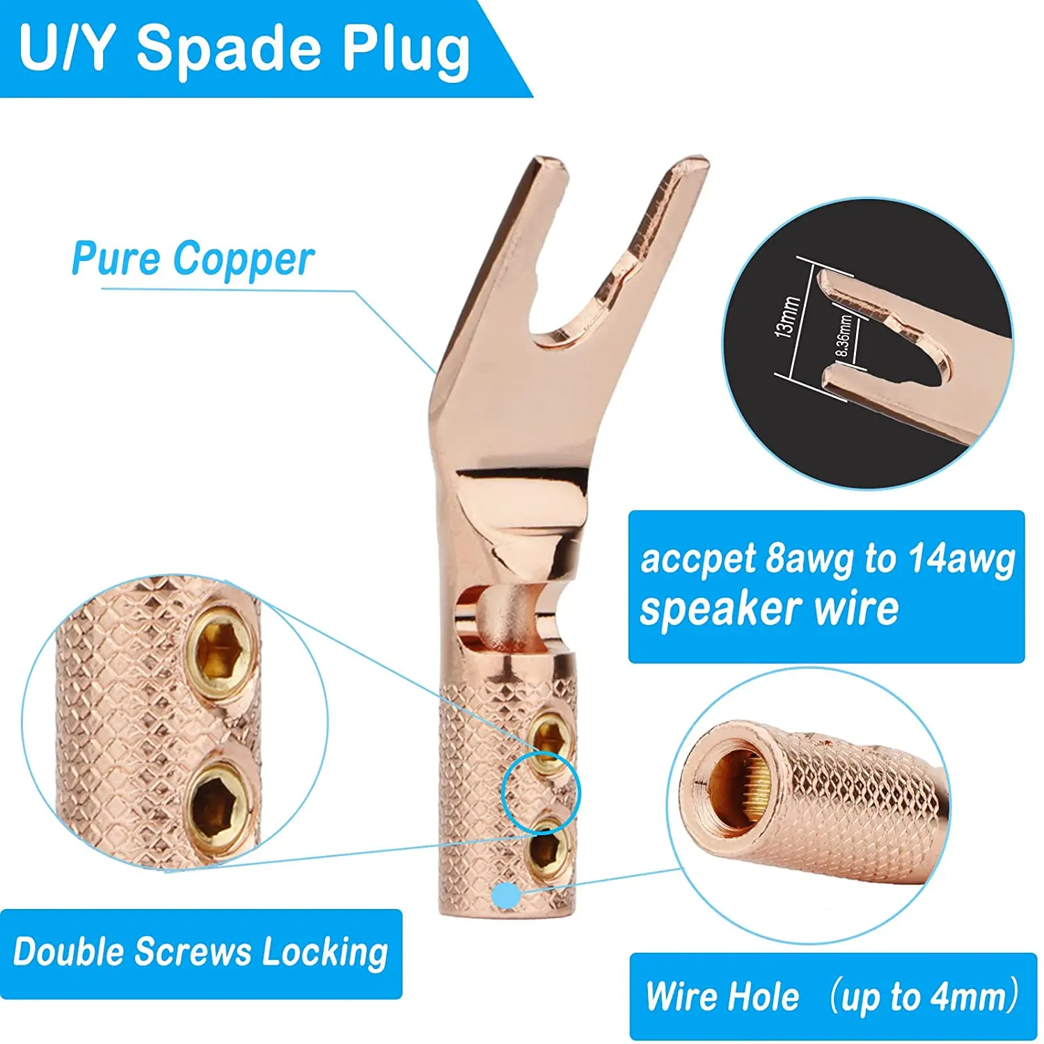 4 pcs Copper Audio Grade Y-shape Spade Connector Plug for Loudspeaker Cable Connector Plugs, Speaker Wires Jacks