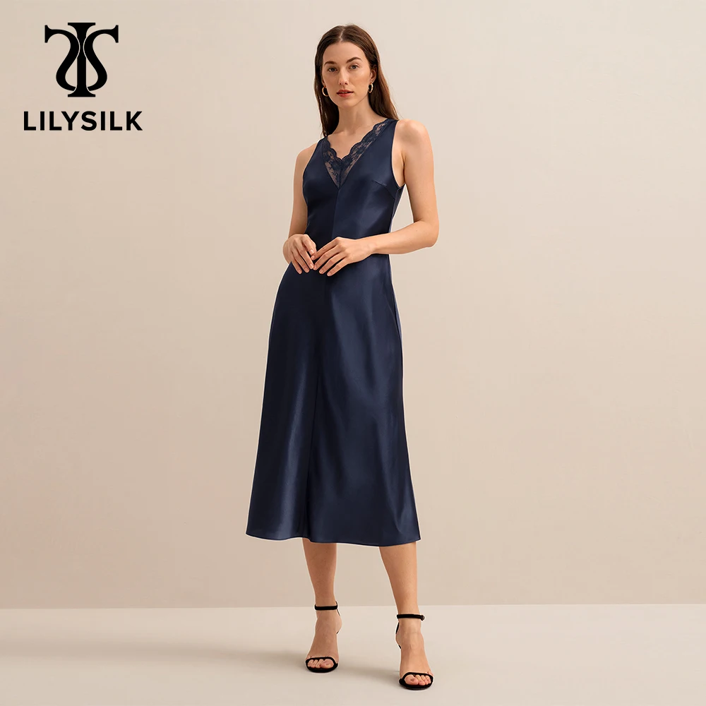 LILYSILK Silk Party Dress for Women New 22 Momme Elegant Lace Deco V Neck Evening Robe Lady Sleeveless Outfit Free Shipping