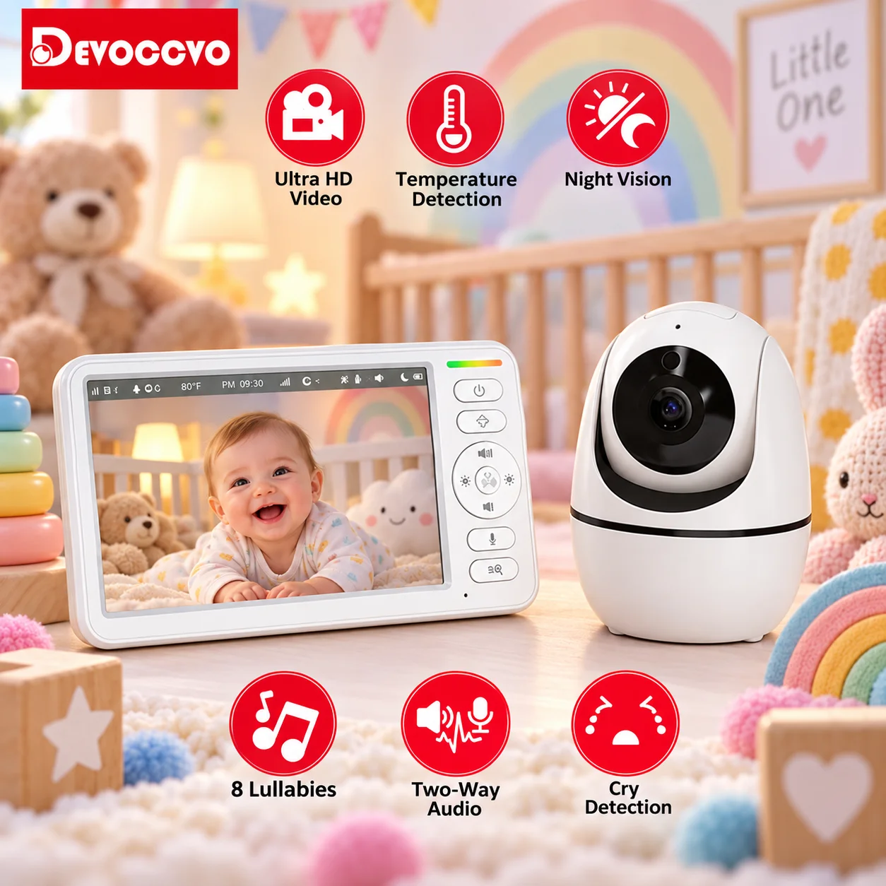 Monitor per bambini da 5 pollici con WiFi, controllo remoto tramite app per smartphone, funzione di panoramica, inclinazione e zoom, videocamera HD, rilevamento dei pianti, visione notturna e melodie
