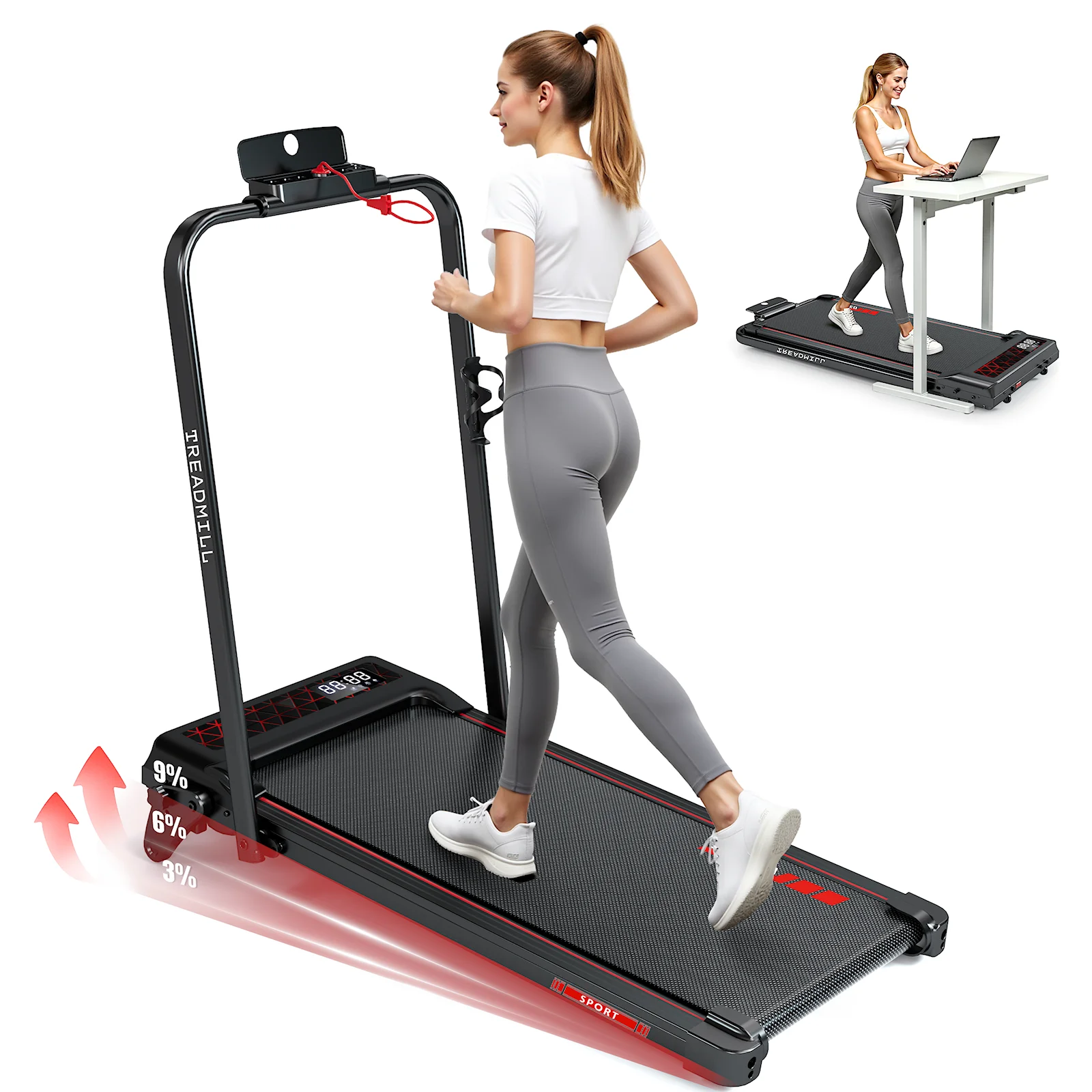 4-in-1 opvouwbare loopband voor thuisgebruik, handmatige hellingsregeling (tot 9%), 2,5 pk stille motor, snelheid 1-12 km/u, loop-, klim- en hardloopfunctie, trainingsfunctie, opvouwbaar,
