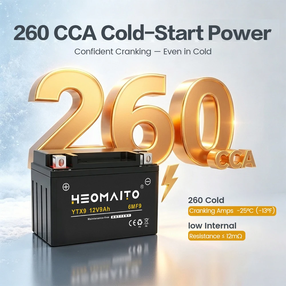 YTX9-BS 260 CCA Motorcycle Battery, 12V 9Ah Rechargeable Powersports Battery for Compatible Motorcycle, ATVs, UTVs and Scooters, Maintenance Free Battery with Sealed Lead Acid Design, ABS Case