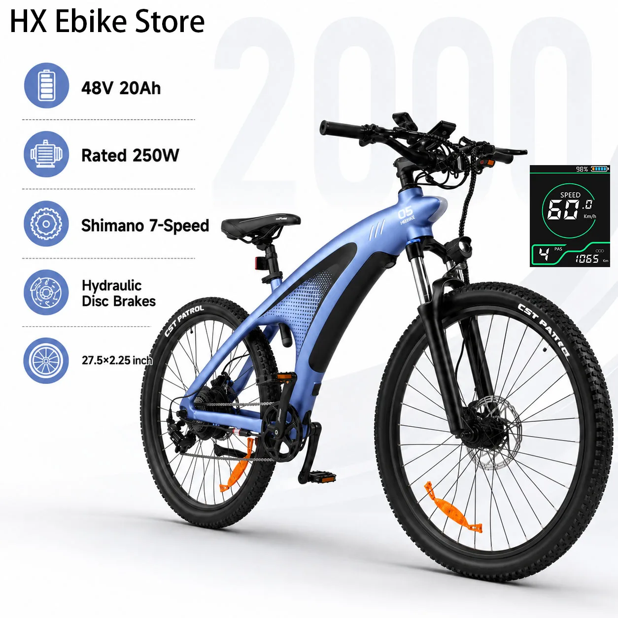 bicicleta electrica de montana hx q5 para adultos motor de 250w sensor de torque 85nm bateria extraible de 48v 20ah 25kmh 275x225 pulgadas